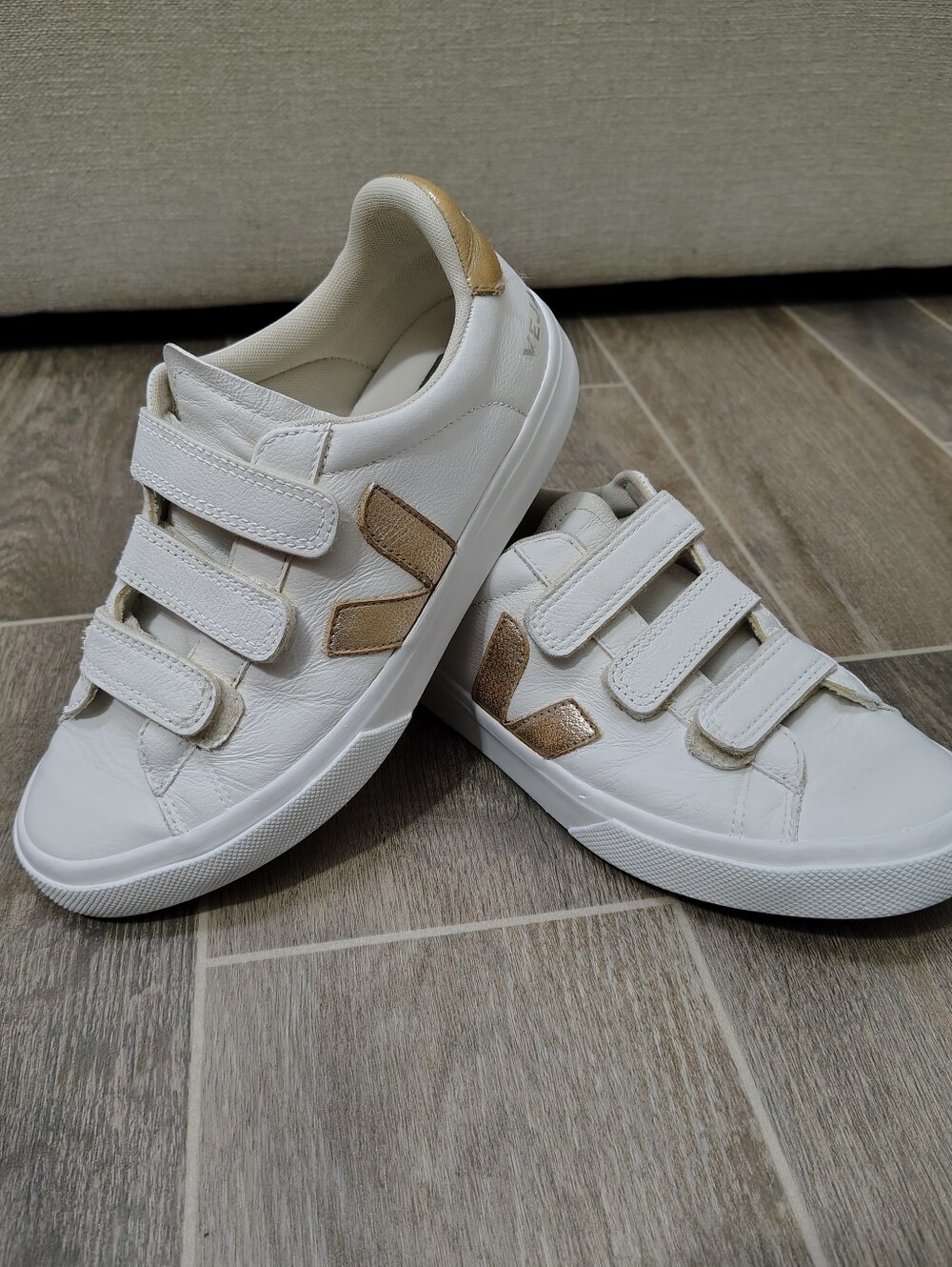 Veja Women's White Sneakers with Metallic Gold V Logo and Heel